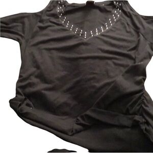 ONE STEP UP 1X black scoop-neck shirred cold shoulder w/silver detail